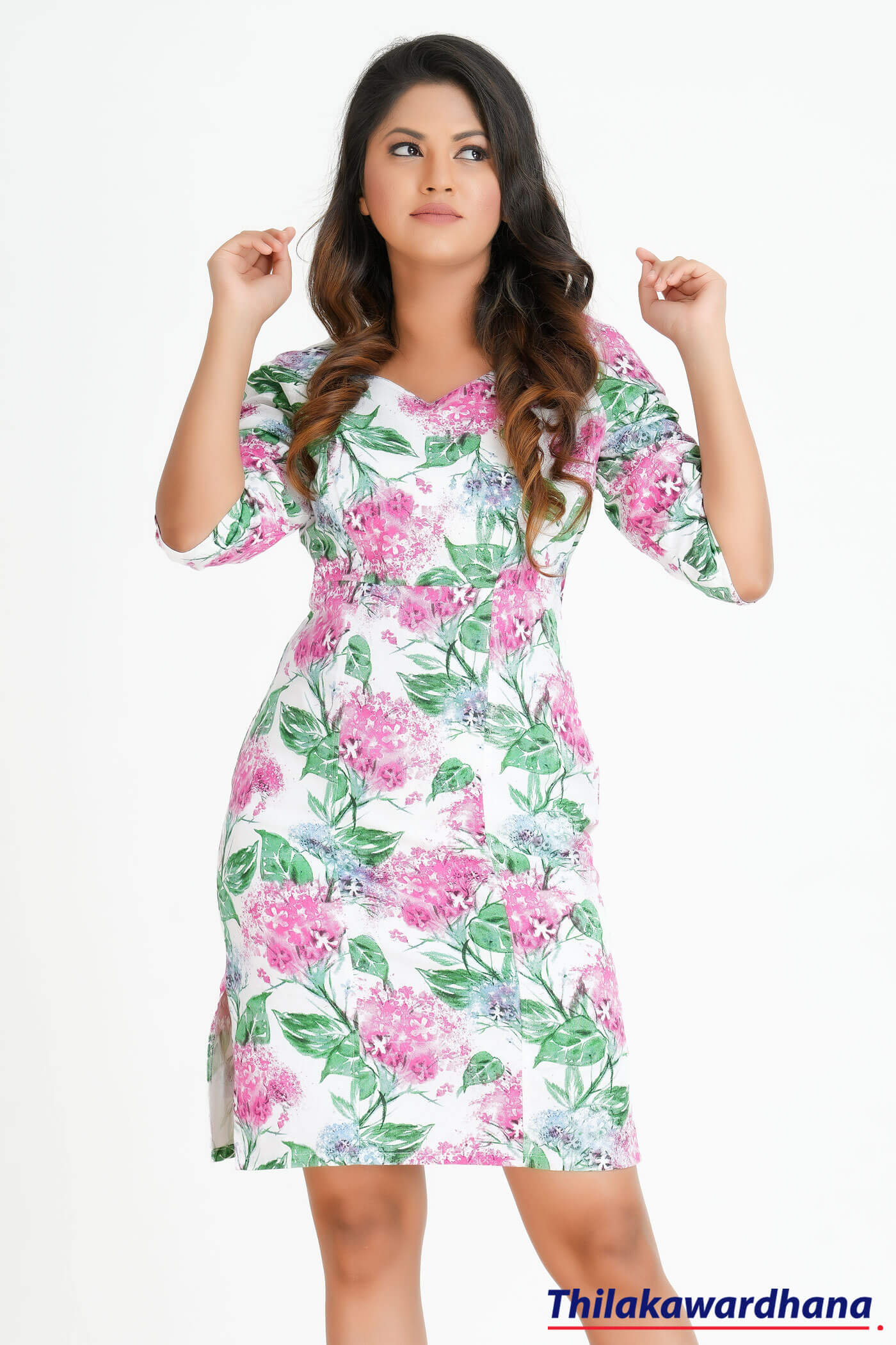 Ruched Sleeve Printed Linen Dress – Thilakawardhana